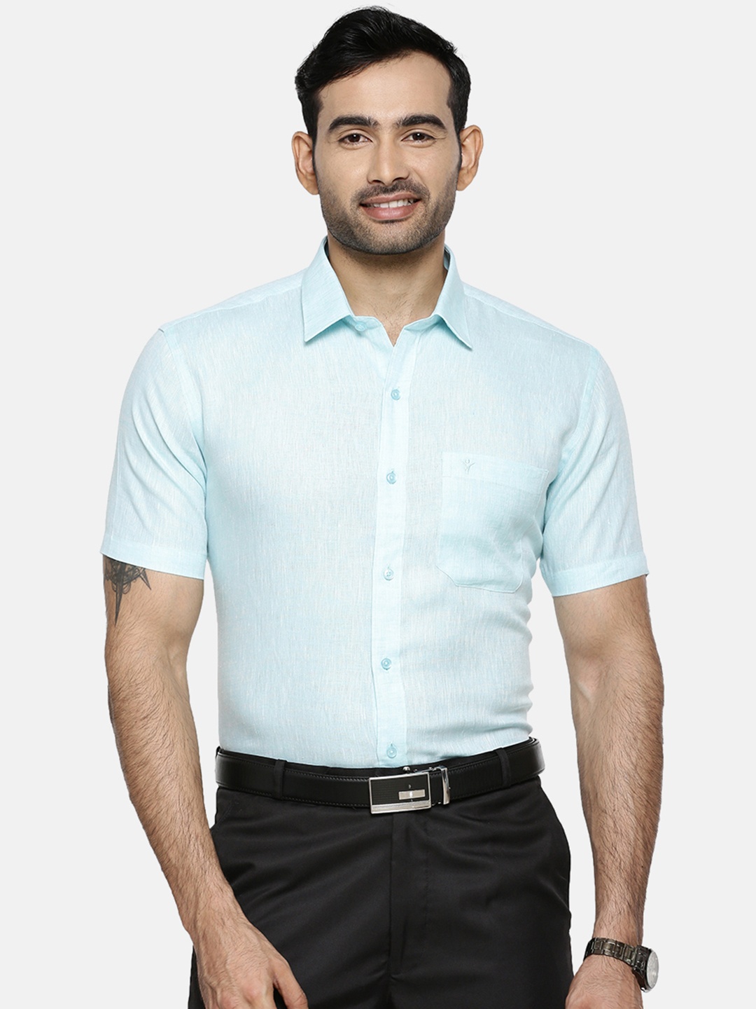 

Ramraj Men Blue Original Slim Fit Solid Linen Formal Shirt