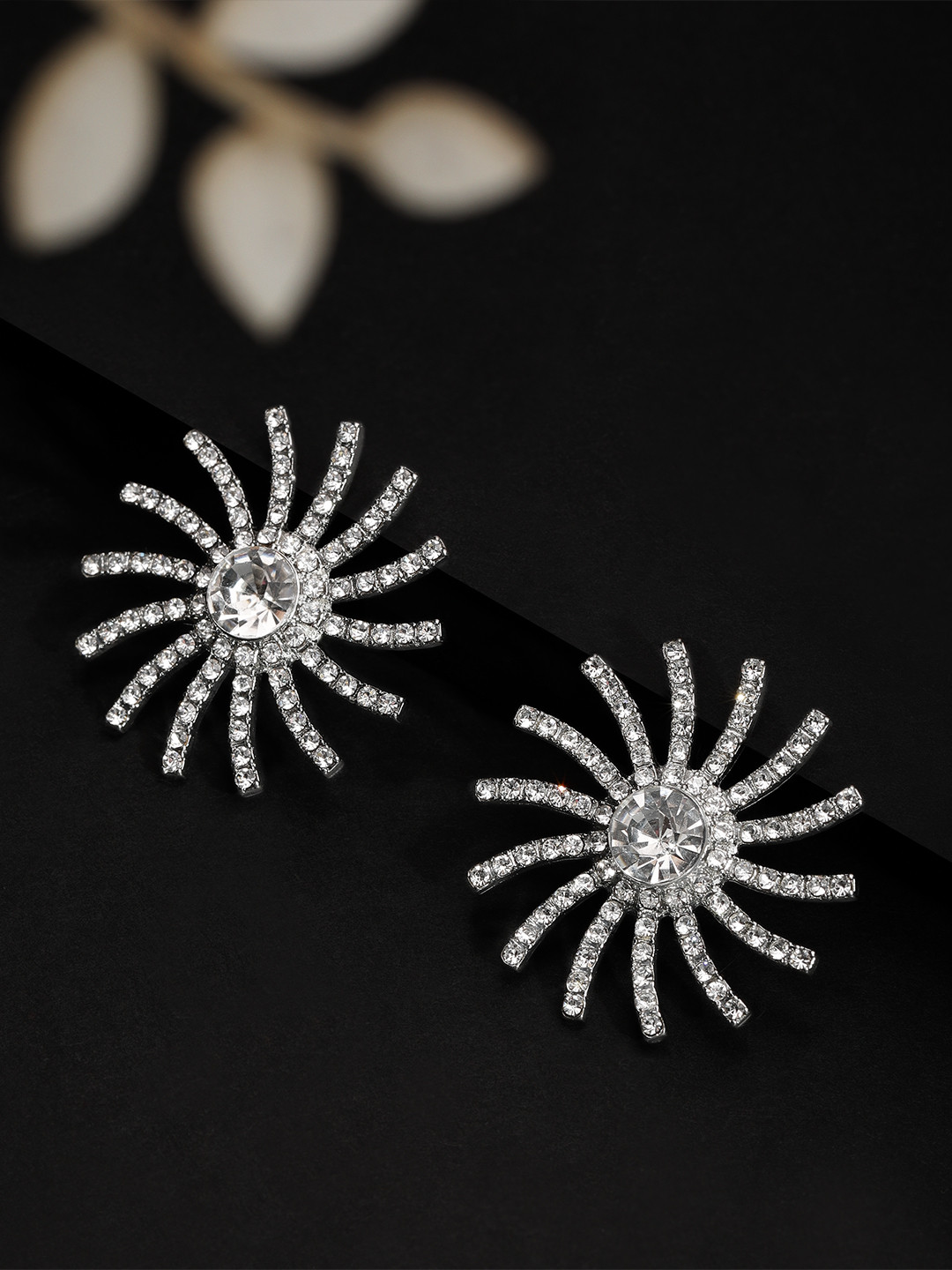 

Rubans Silver-Toned & White Classic CZ Studded Over-sized Studs