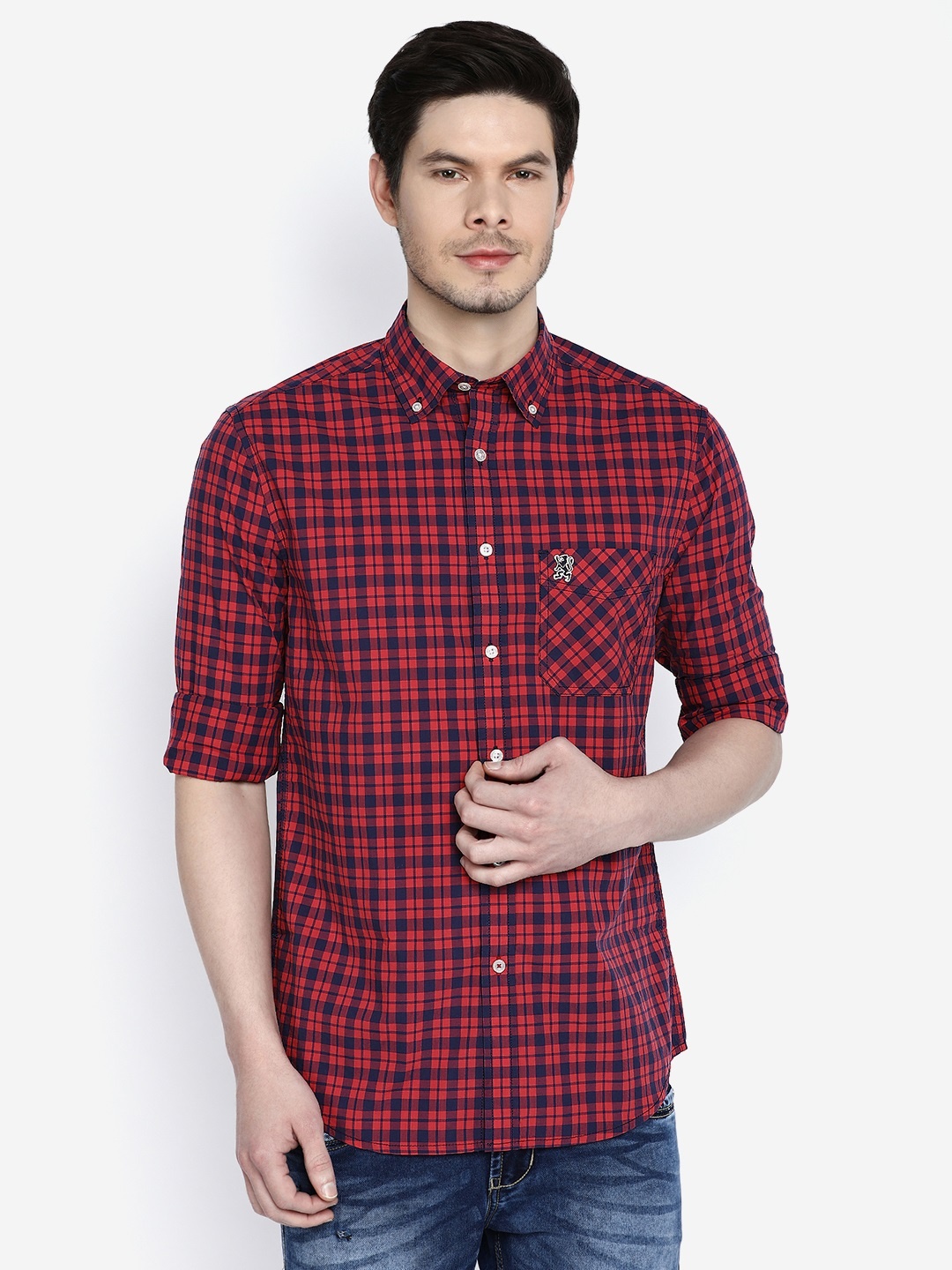 

GIORDANO Men Red & Navy Blue Smart Slim Fit Checked Casual Shirt