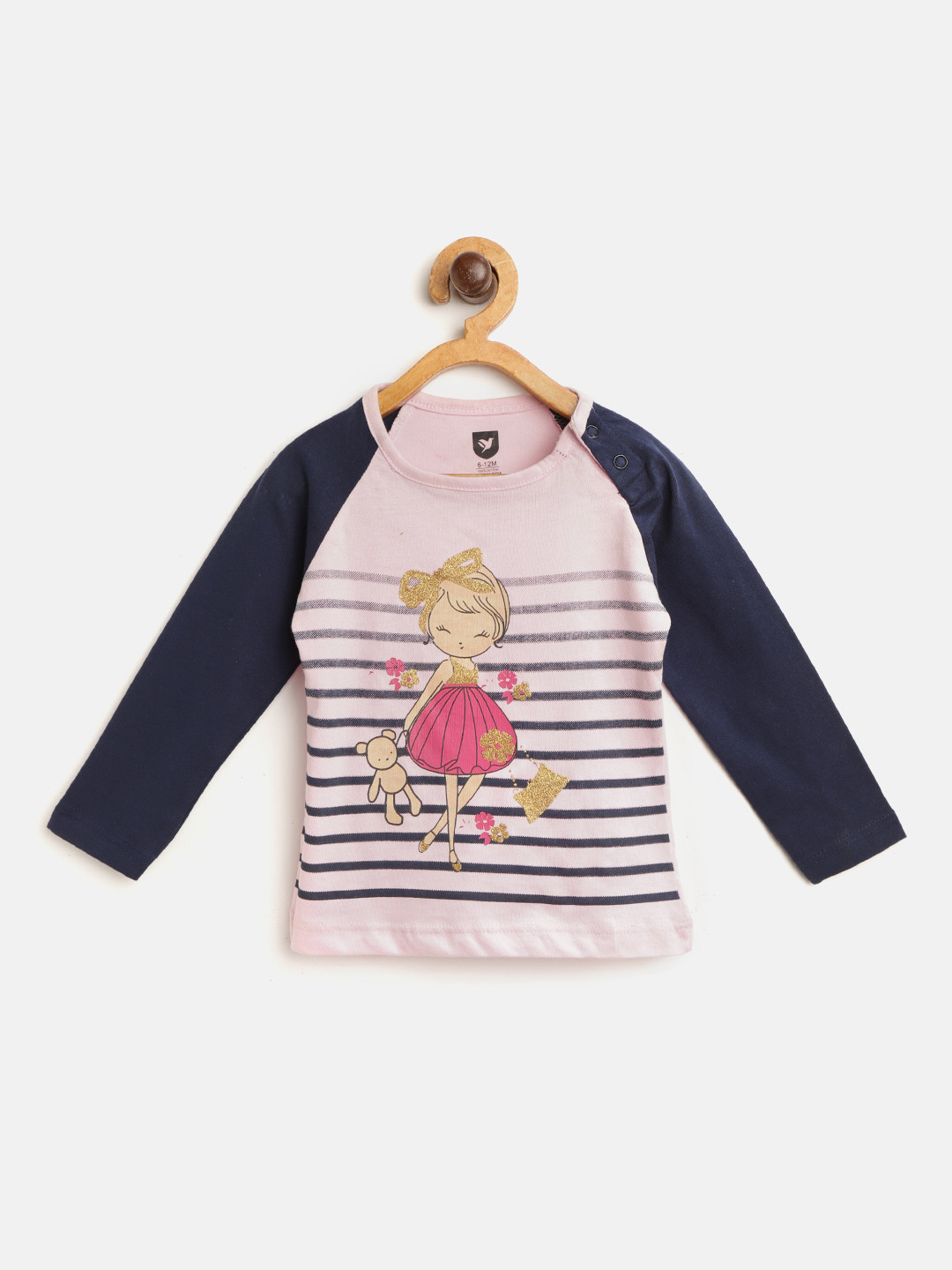 

612 league Girls Pink & Navy Striped & Printed Round Neck T-shirt