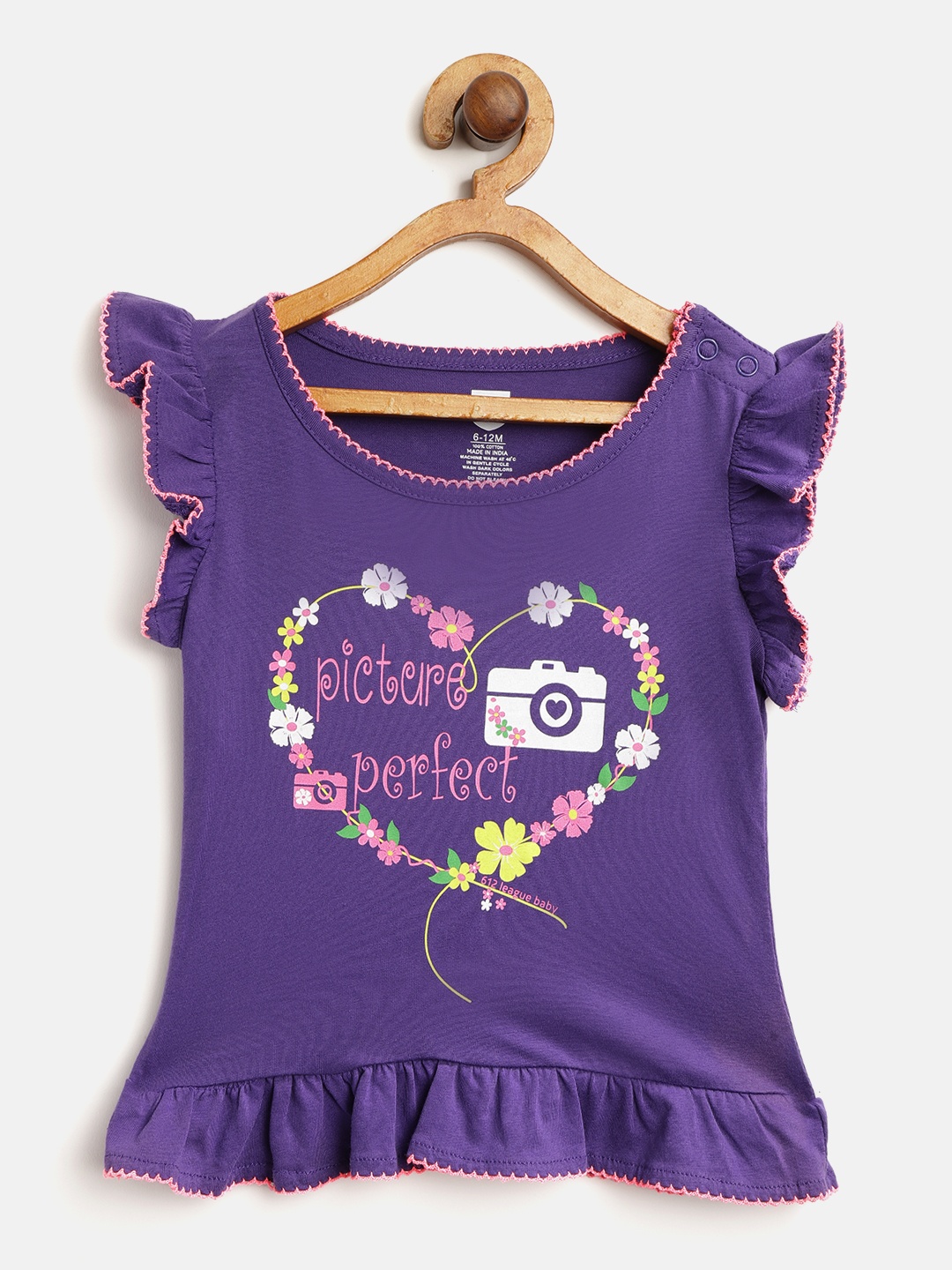 

612 league Girls Purple Printed Pure Cotton Top with Ruffles