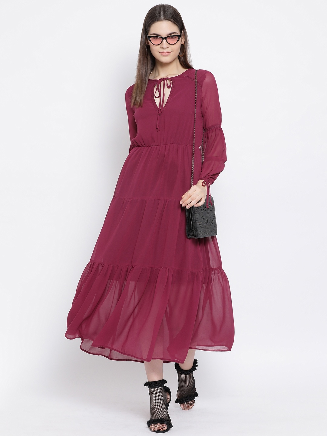 

Oxolloxo Women Maroon Solid Semi-Sheer Fit and Flare Midi Dress
