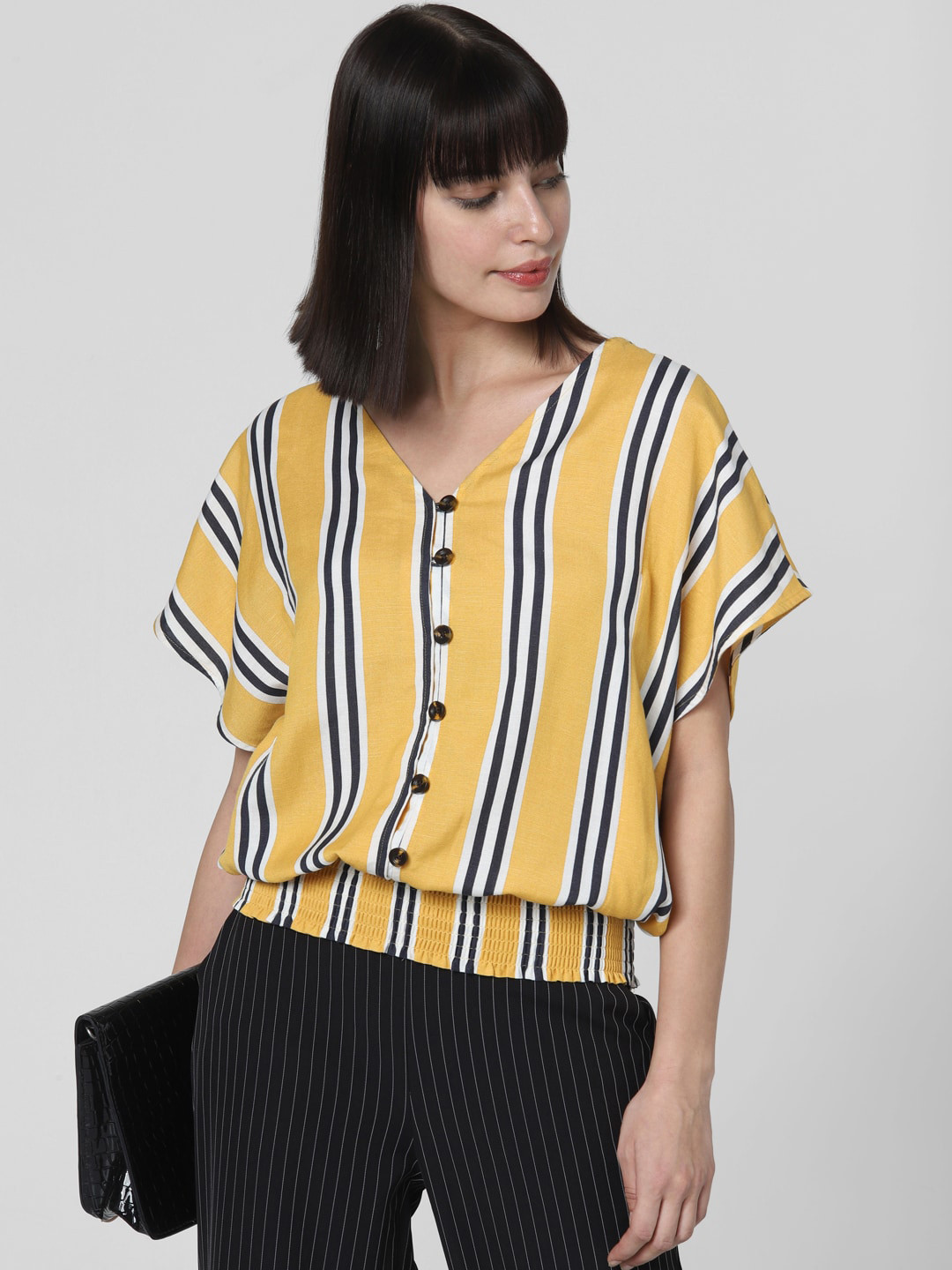 

Vero Moda Women Mustard Yellow & Navy Blue Striped Blouson Top