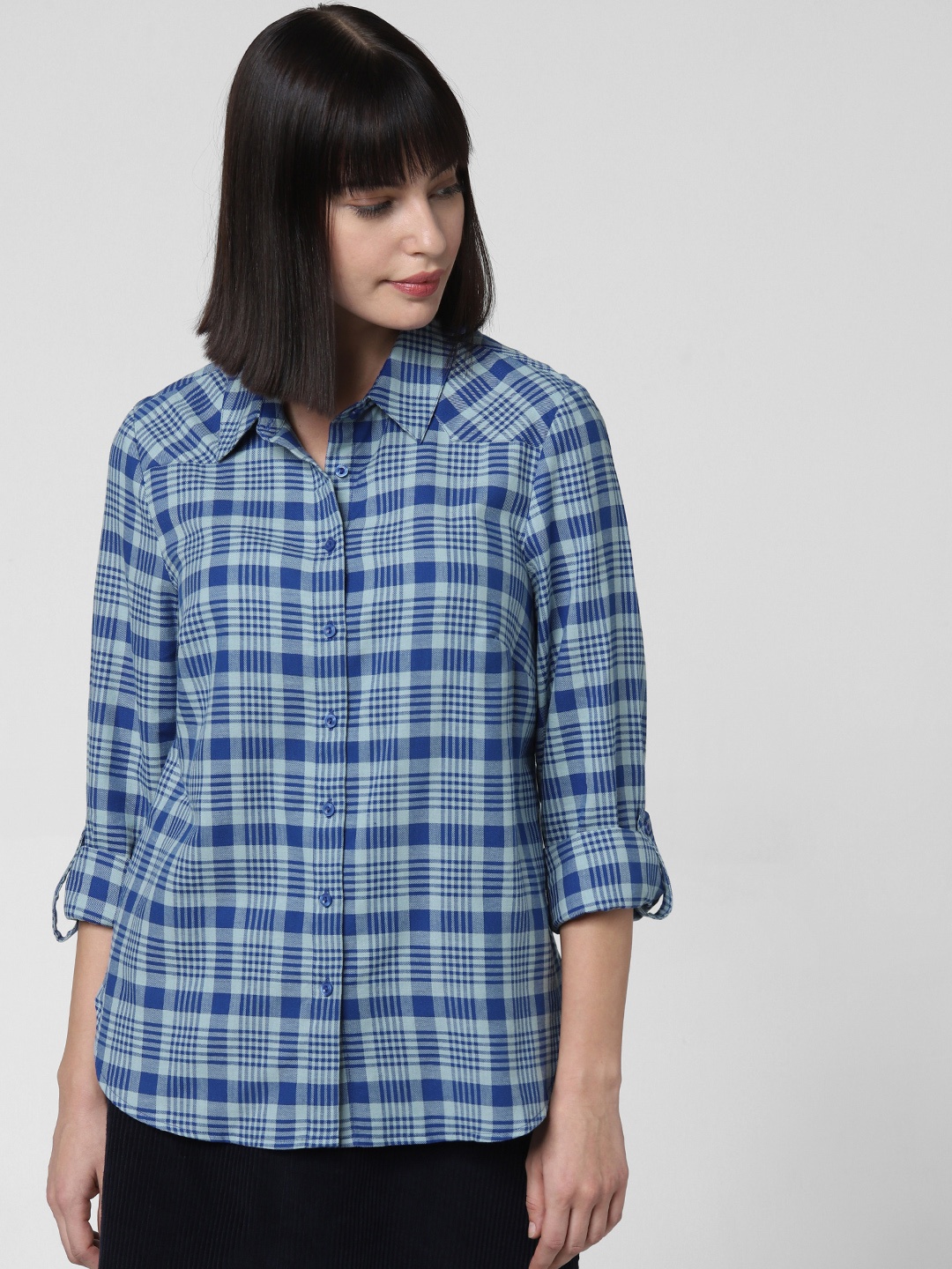 

Vero Moda Women Blue Slim Fit Checked Casual Shirt