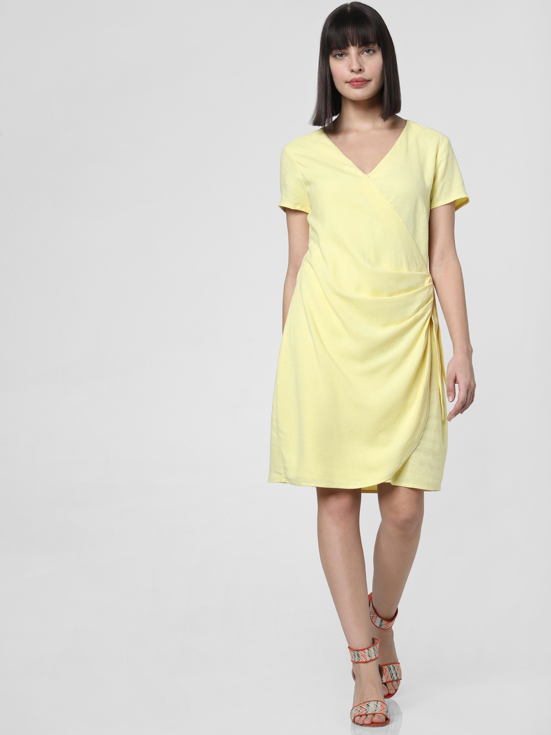 

Vero Moda Women Yellow Solid Linen Wrap Dress With Waist Tie-Up