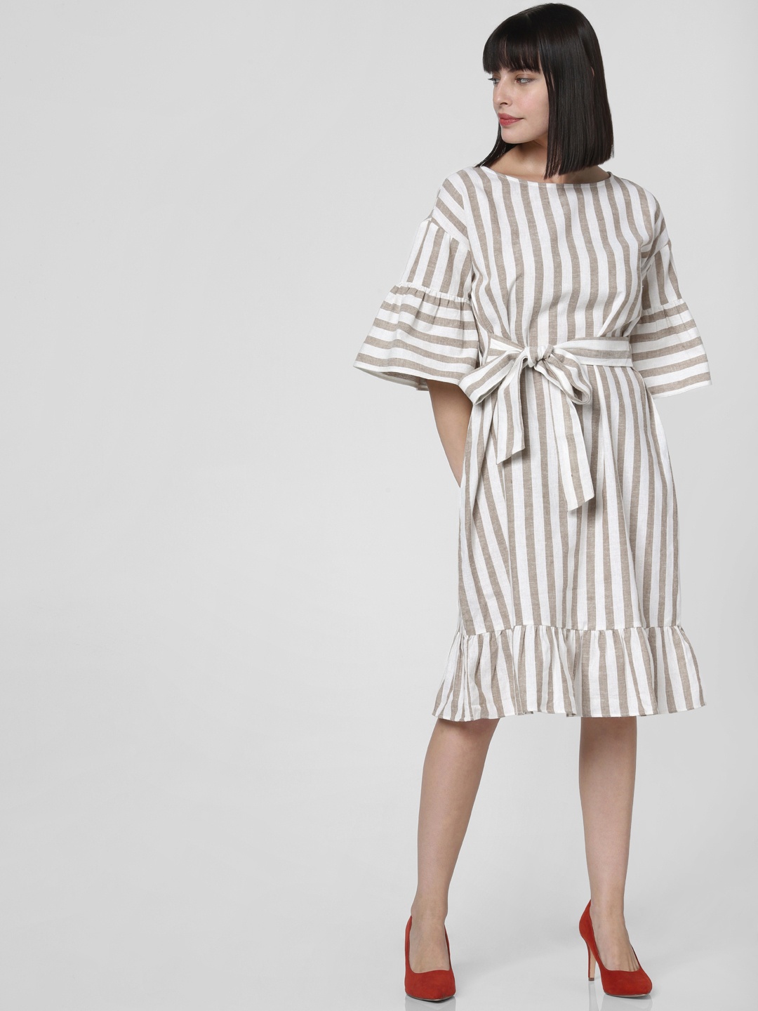 

Vero Moda Women White & Brown Striped Fit and Flare Dress With Waist Tie-Ups