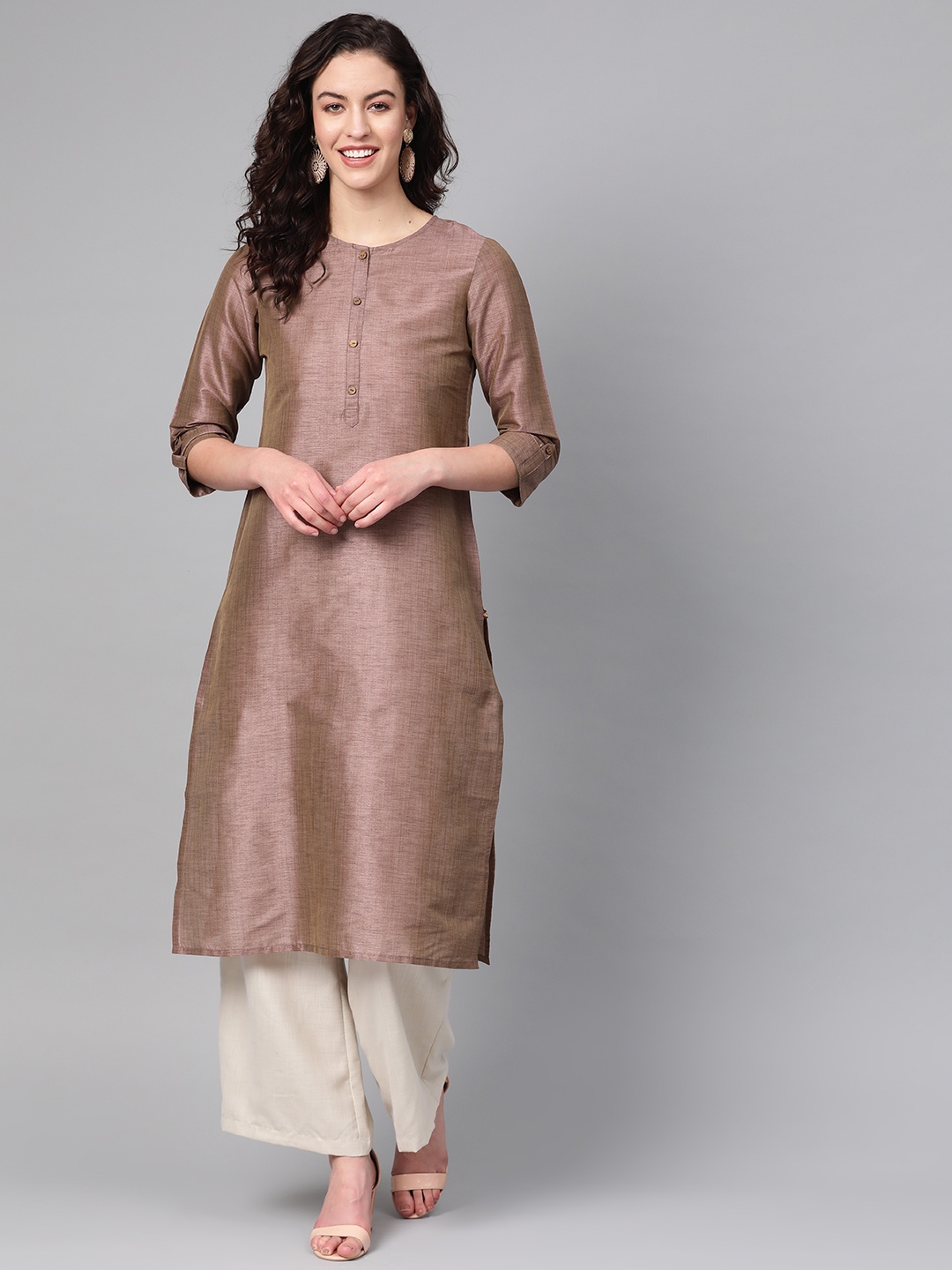 

KSUT Women Brown Solid Straight Kurta