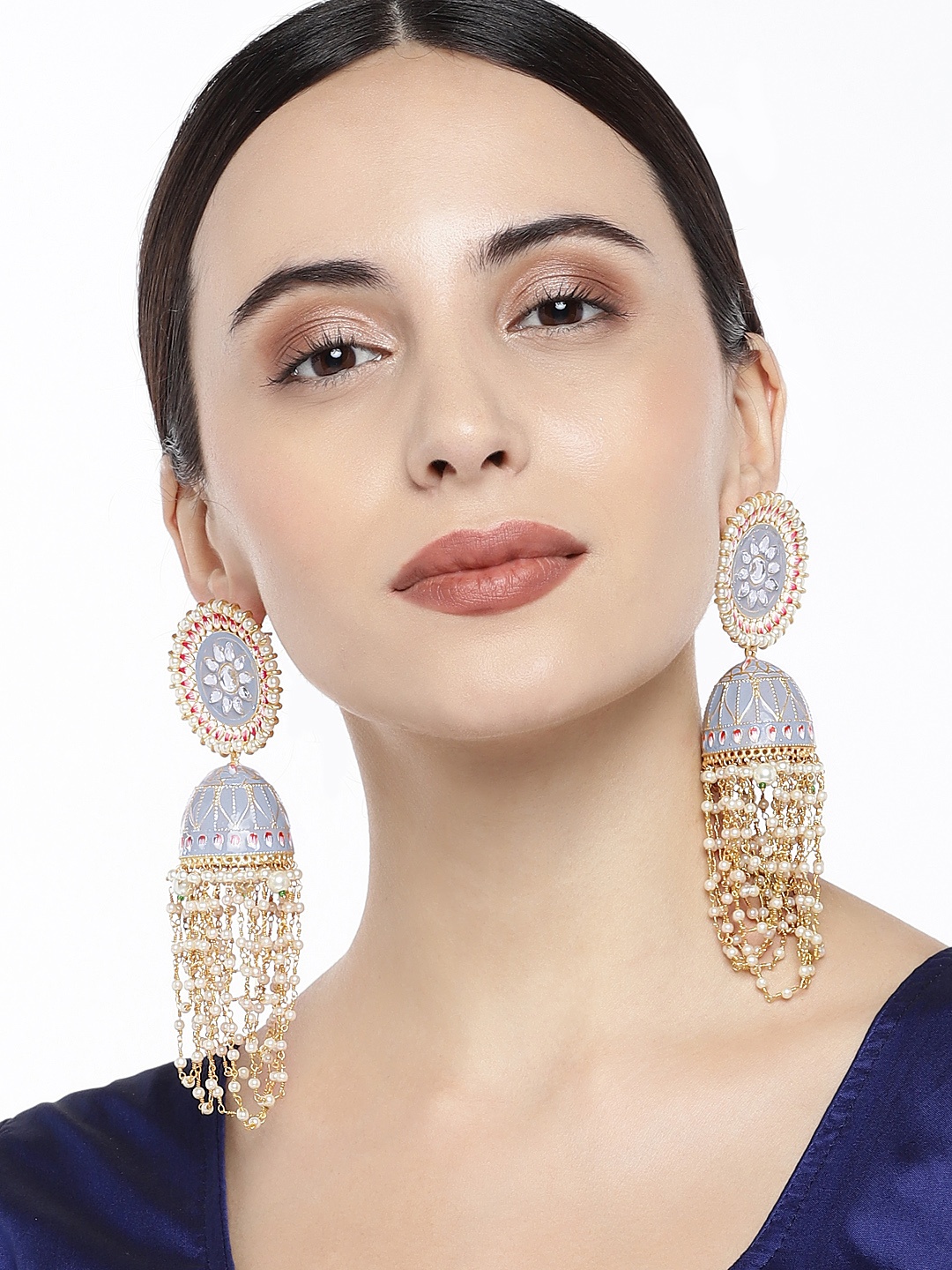 

Peora Gold-Plated& Grey Enamelled Meenakari Shaped Jhumkas