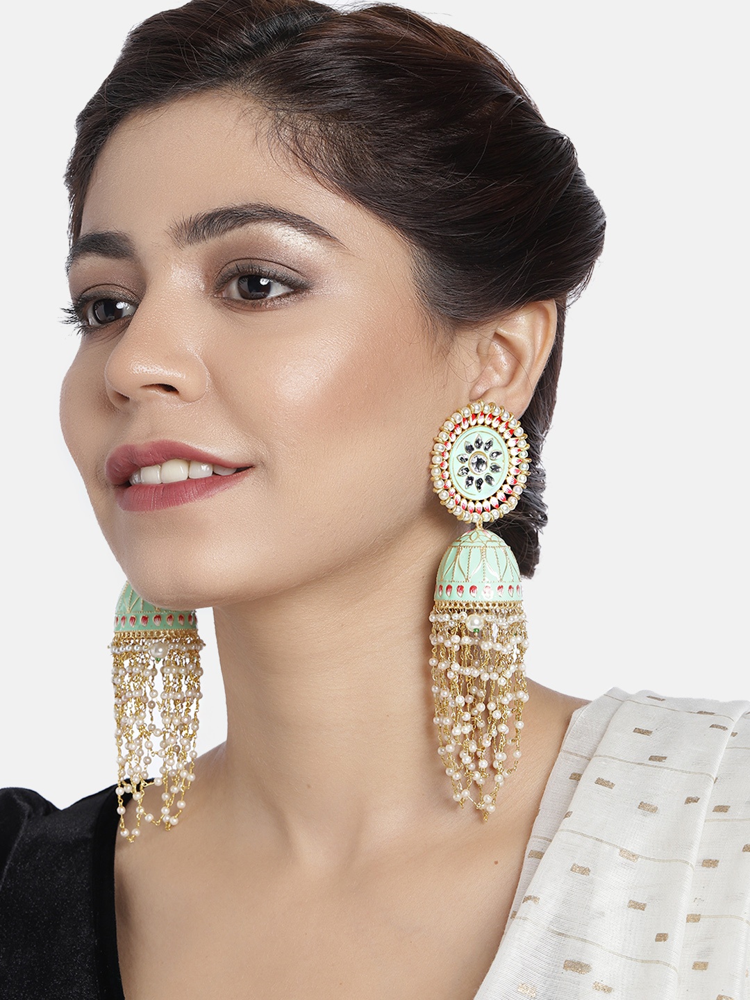 

Peora Green Gold-Plated Hand Painted Meenakari Enamelled Kundan Dome Shaped Jhumkas