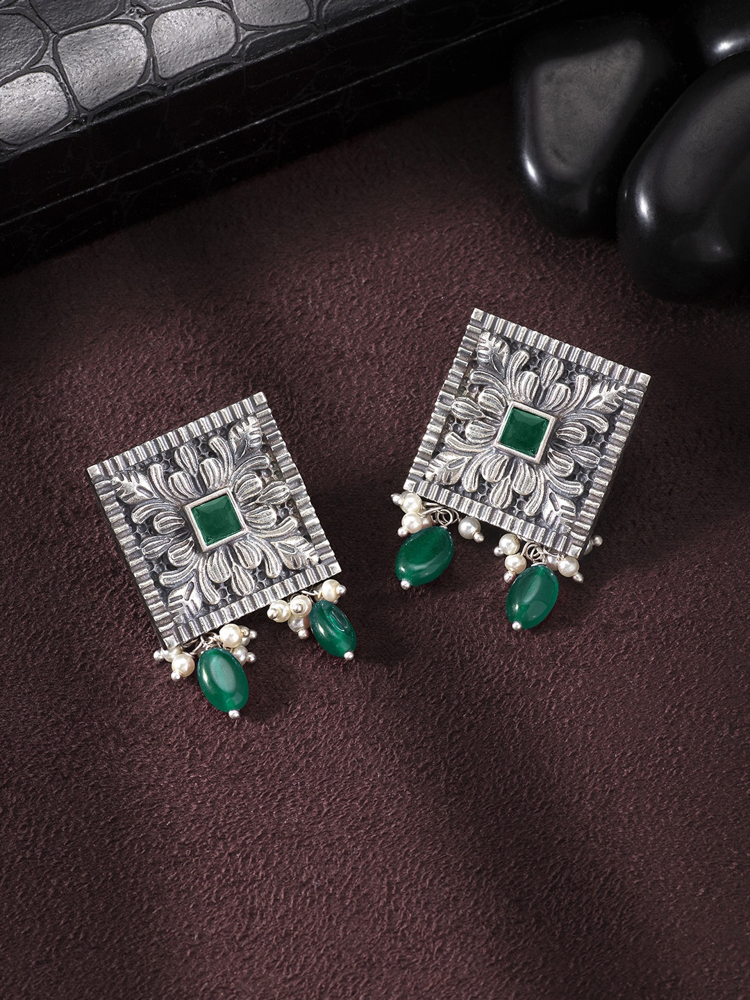 

Peora Silver-Plated & Green Square Oxidised Drop Earrings