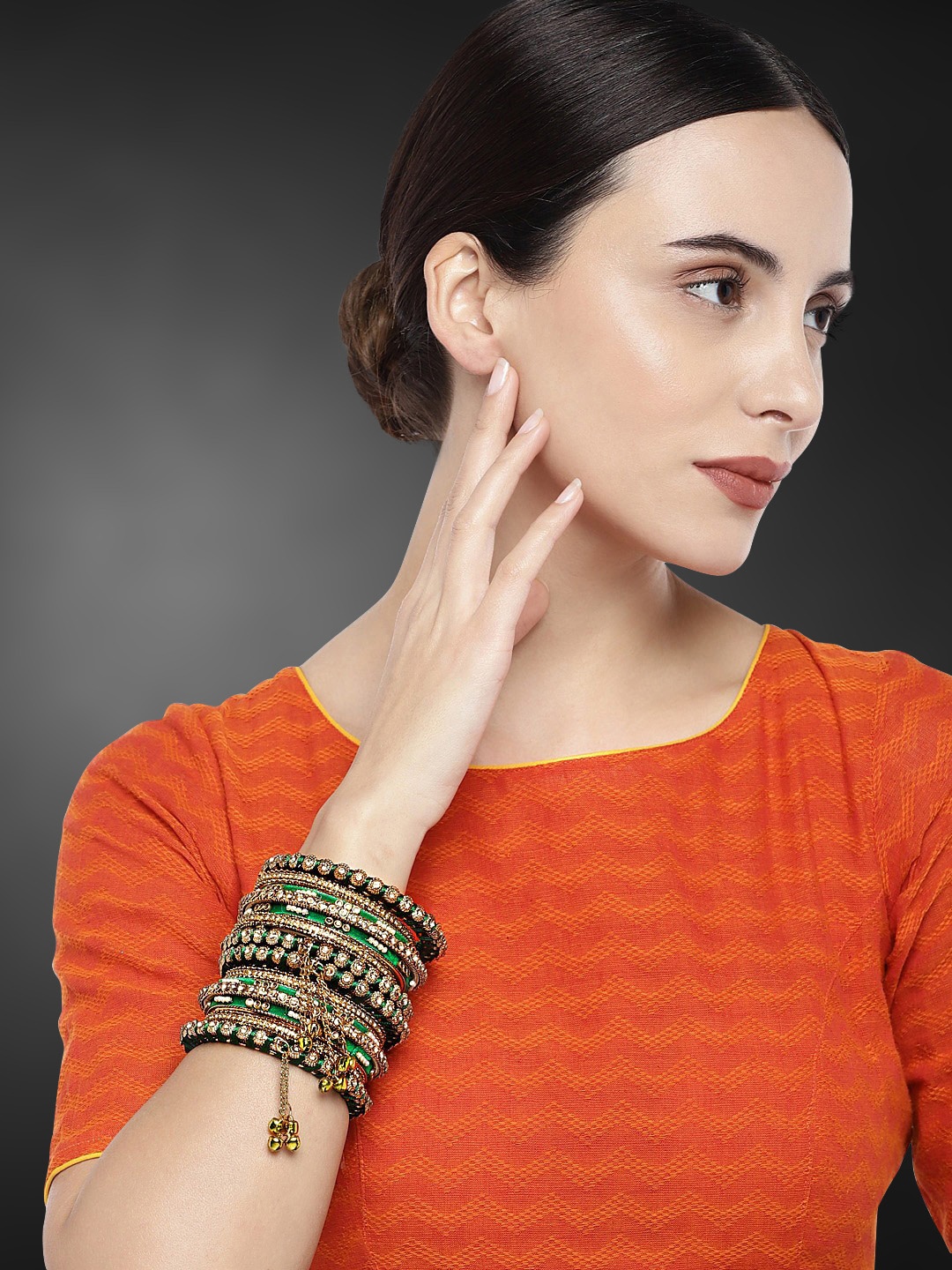 

Peora Set of 14 Gold-Plated & Green Velvet Handcrafted Bangles