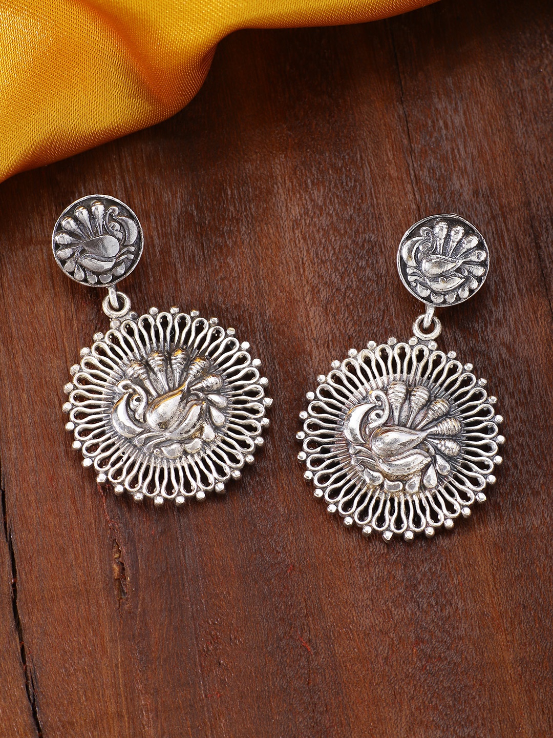 

Peora Silver-Toned Circular Oxidised Drop Earrings