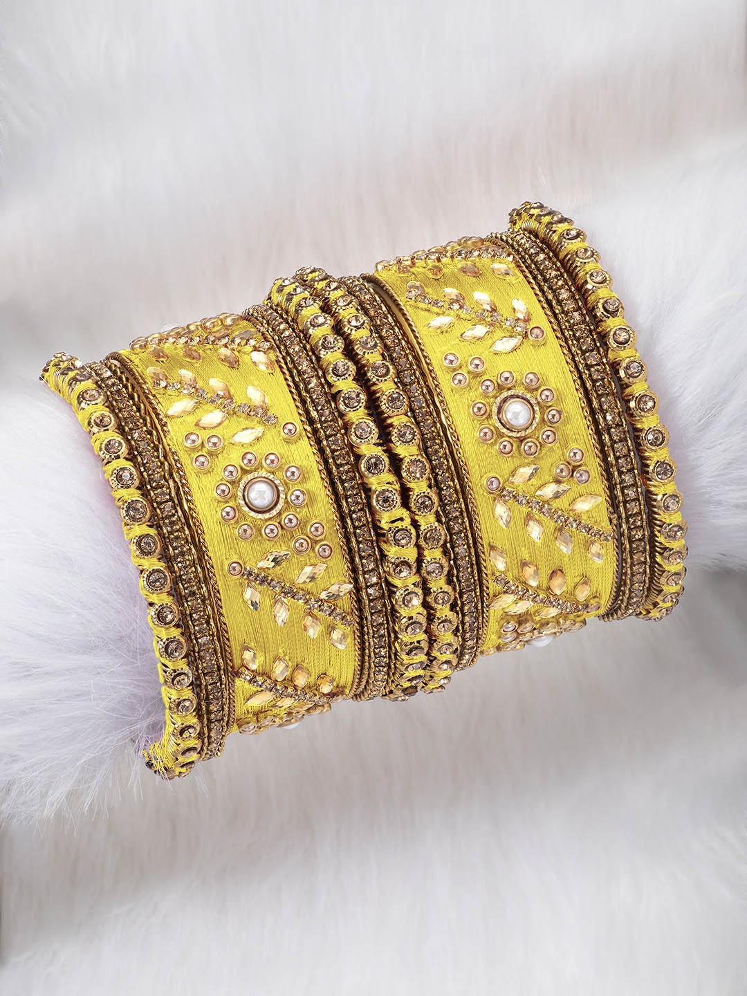 

Peora Set of 10 Gold-Plated & Yellow Silk Thread Handcrafted Kundan Bangles