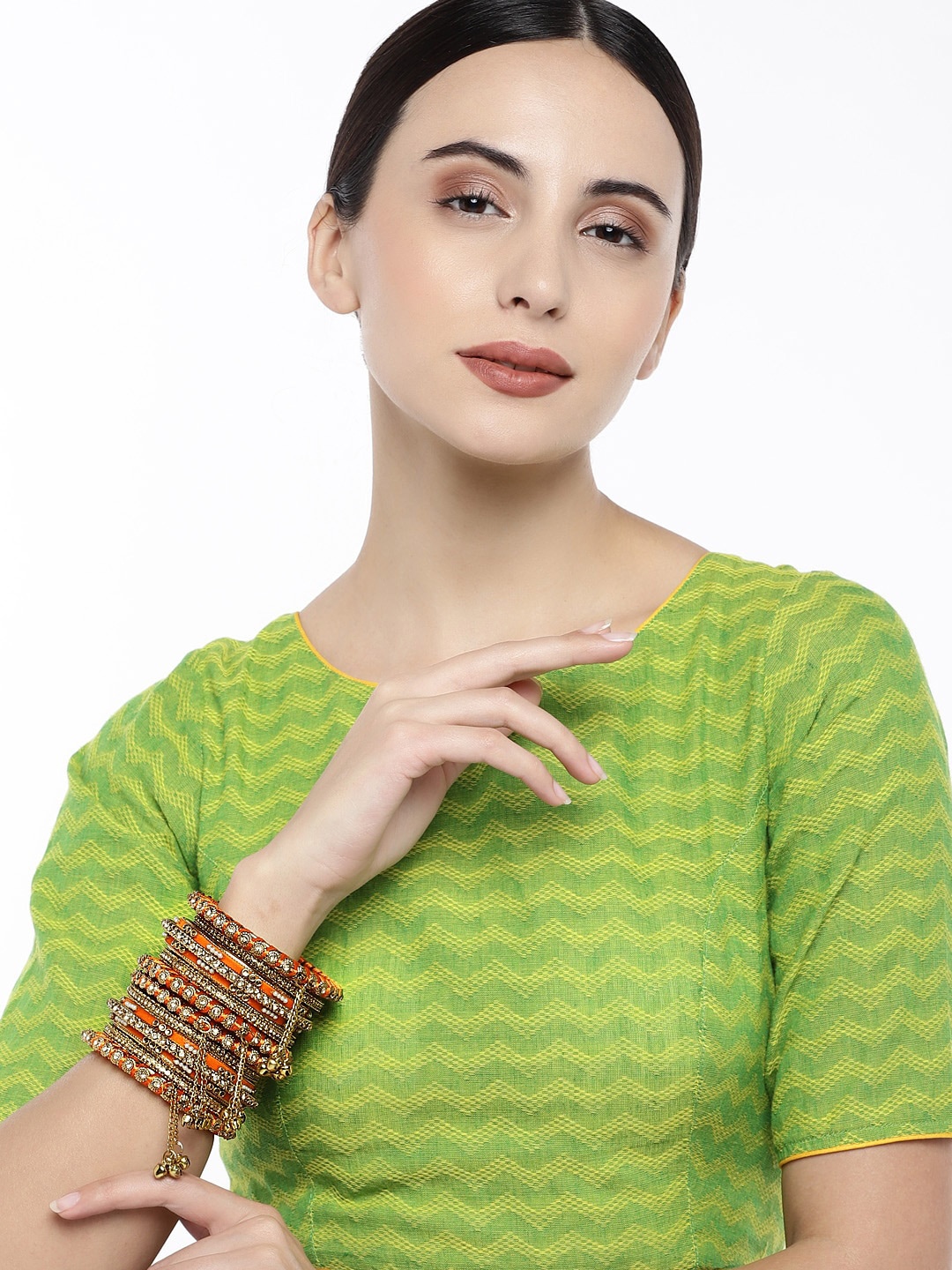 

Peora Set of 14 Gold-Plated & Orange Velvet Handcrafted Bangles