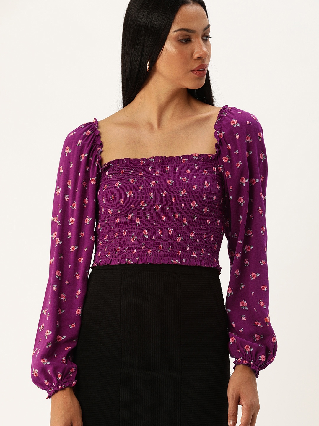 

FOREVER 21 Women Purple & Pink Printed Cropped Top With Smoking Detail