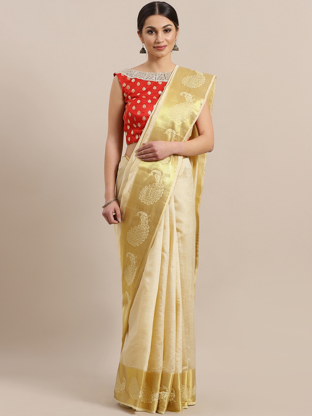 

Chhabra 555 Beige & Golden Solid Kota Saree