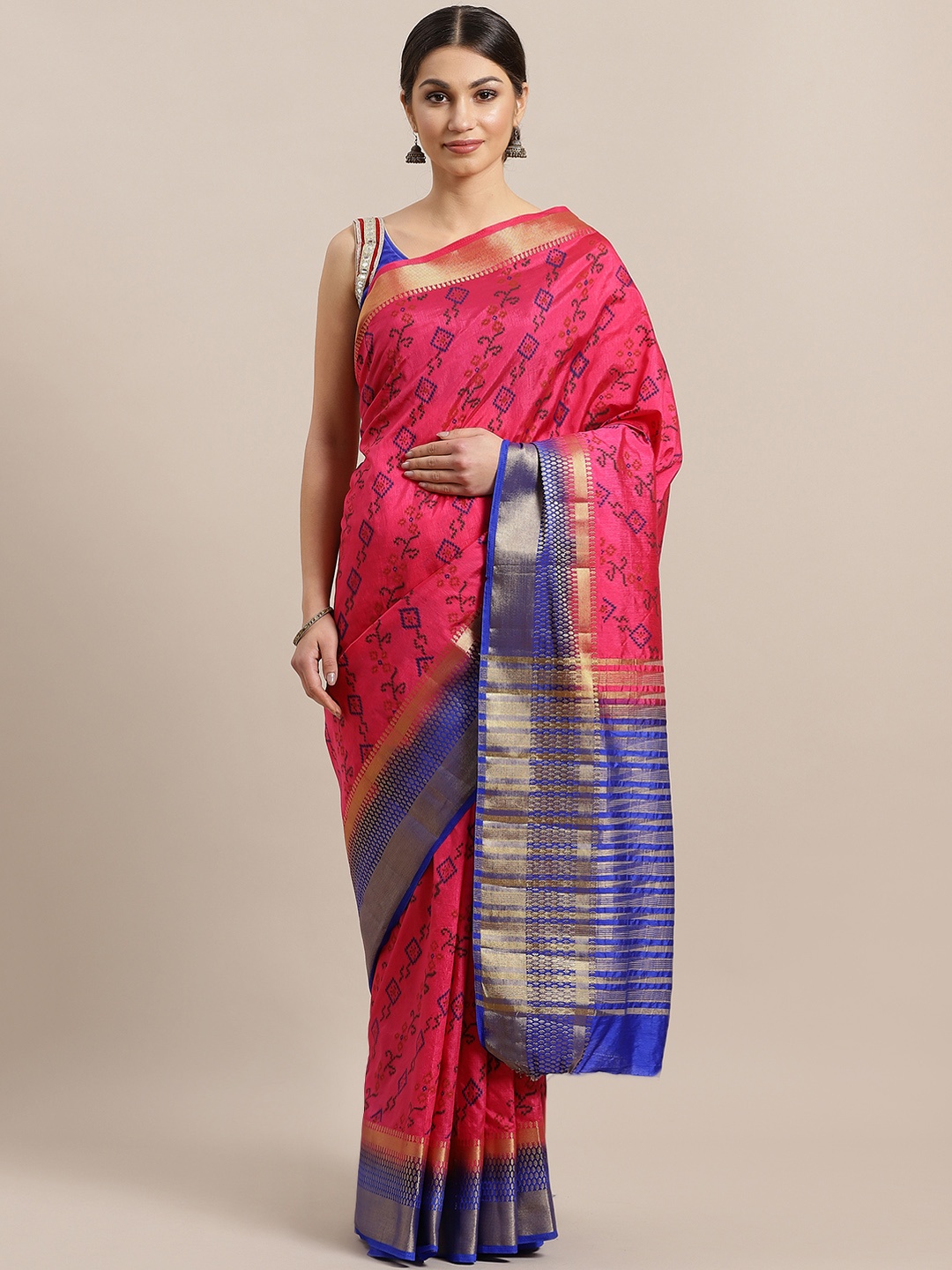 

Chhabra 555 Pink & Blue Printed Mysore Silk Saree