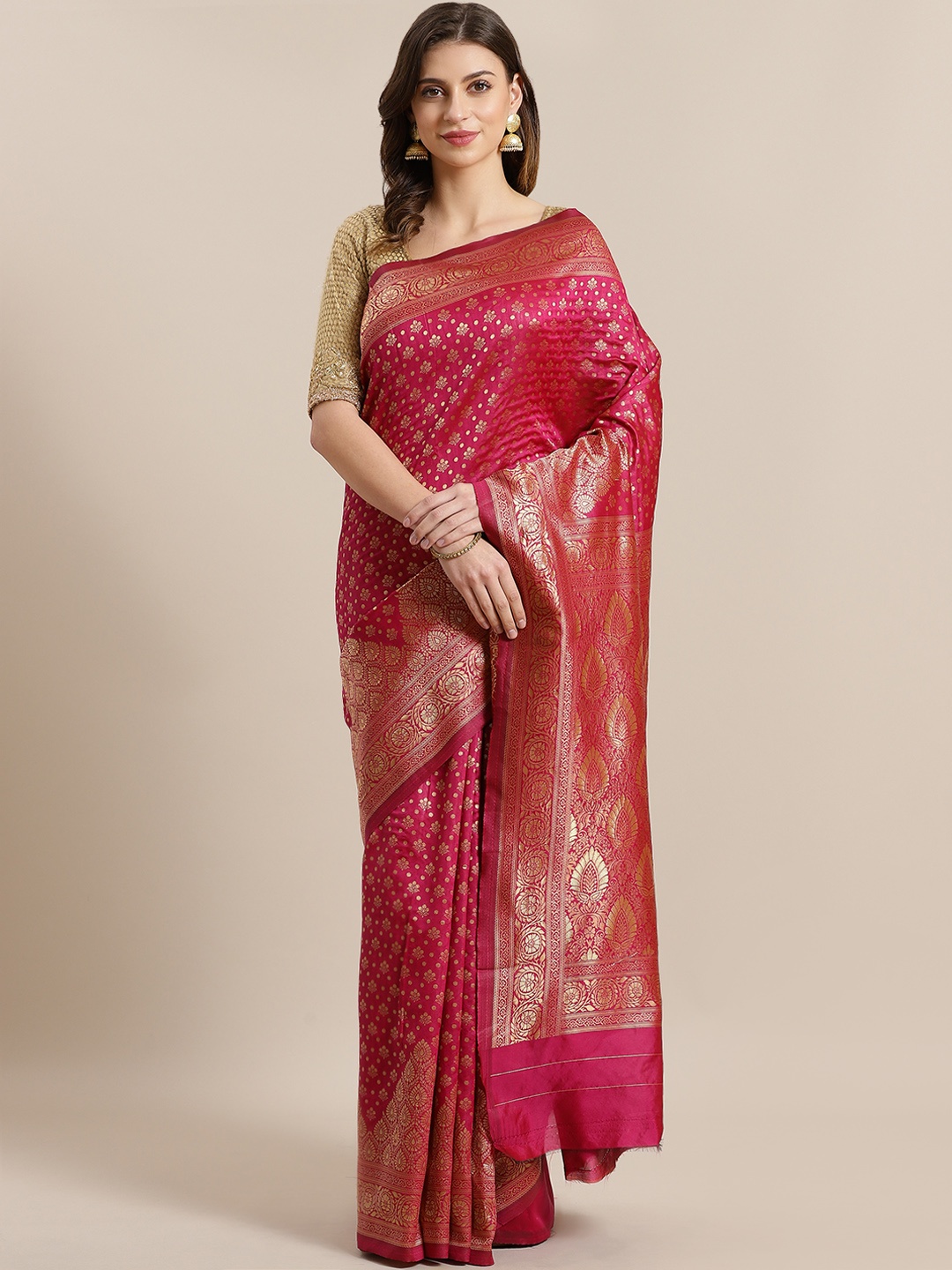 

Chhabra 555 Pink & Golden Woven Design Kanjeevaram Saree