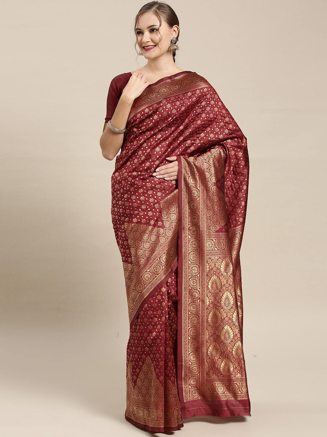 

Chhabra 555 Maroon & Golden Woven Design Kanjeevaram Saree