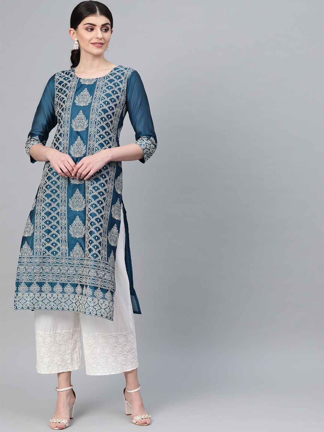 

Varanga Women Teal Blue & Off-White Printed Straight Kurta