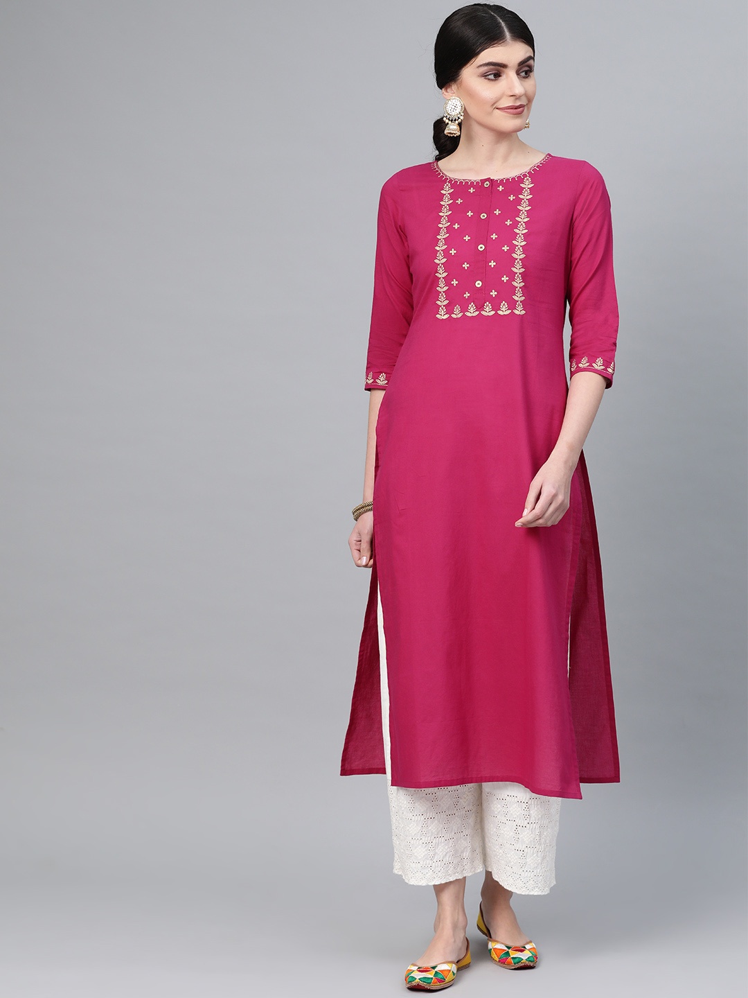 

Varanga Women Magenta & Golden Zari Embroidered Yoke Design Straight Kurta