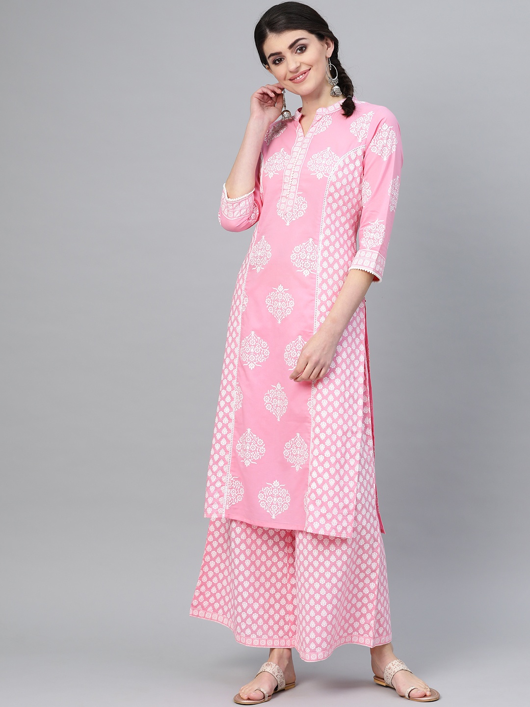 

Varanga Women Pink & White Khari Print Kurta with Palazzos