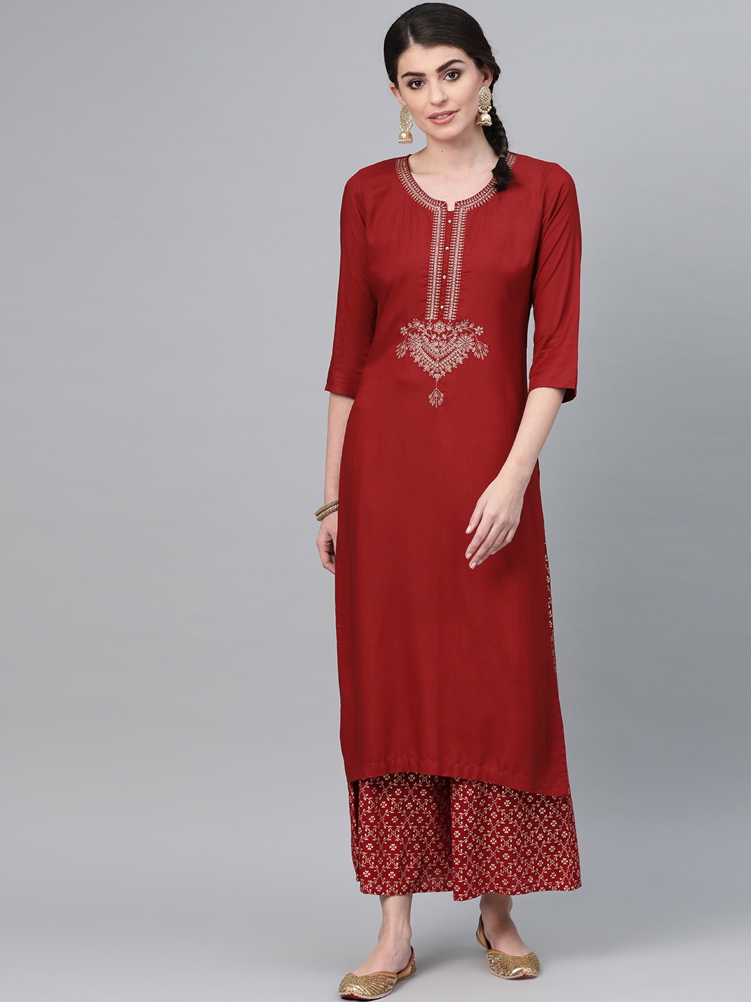 

Varanga Women Maroon & Golden Yoke Design Kurta with Palazzos