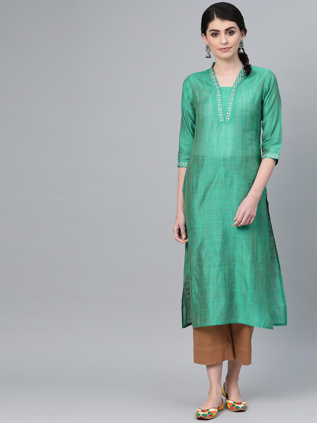 

Varanga Women Green Zari Embroidered Self Striped Straight Kurta