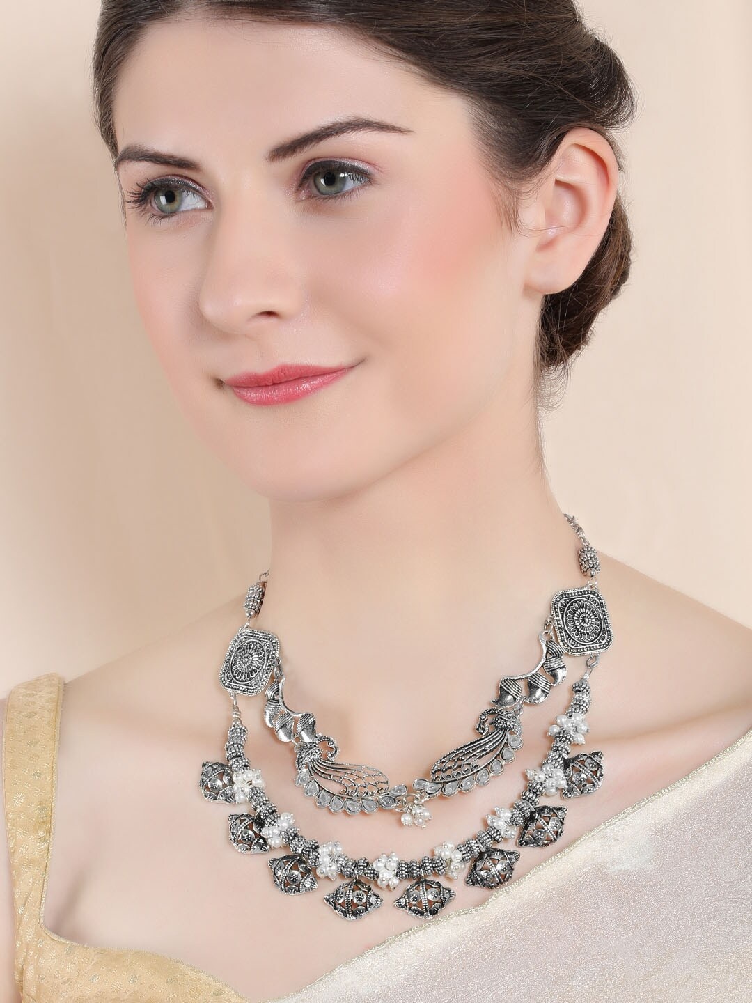 

Rubans Silver-Plated Oxidised Layered Necklace