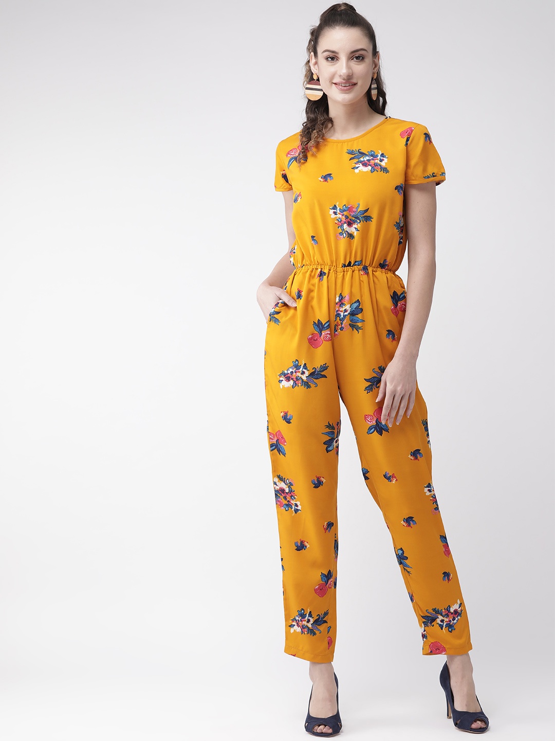 

U&F Women Mustard Yellow & Blue Printed Basic Jumpsuit