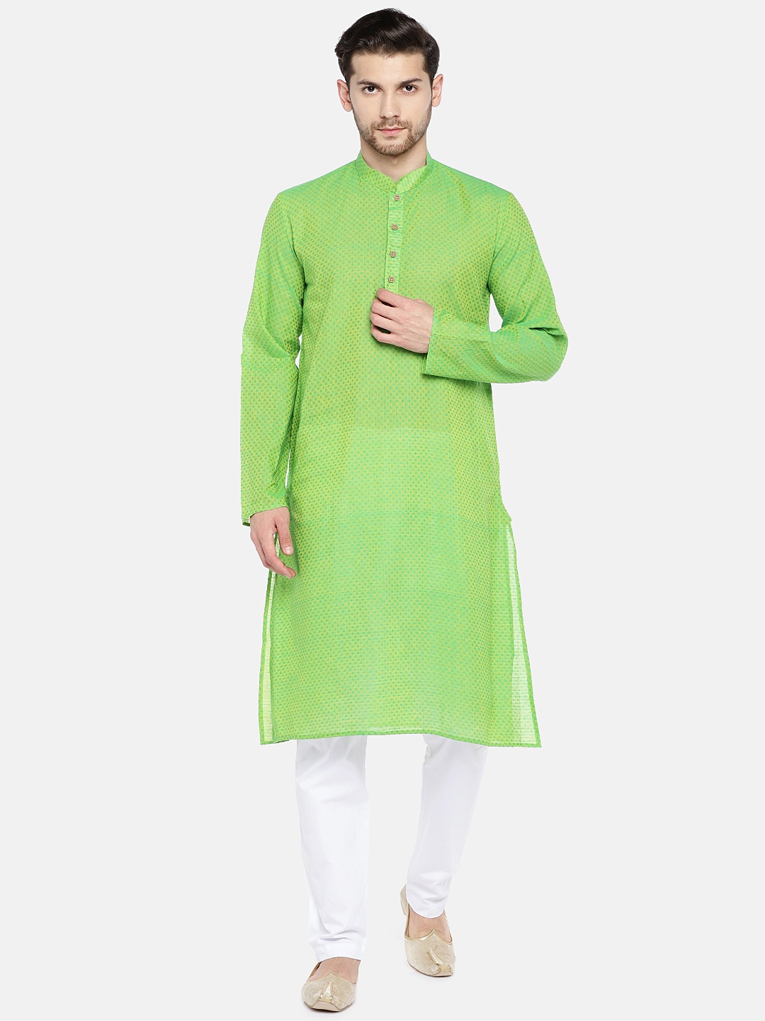 

RAJUBHAI HARGOVINDAS Men Green Woven Design Straight Kurta