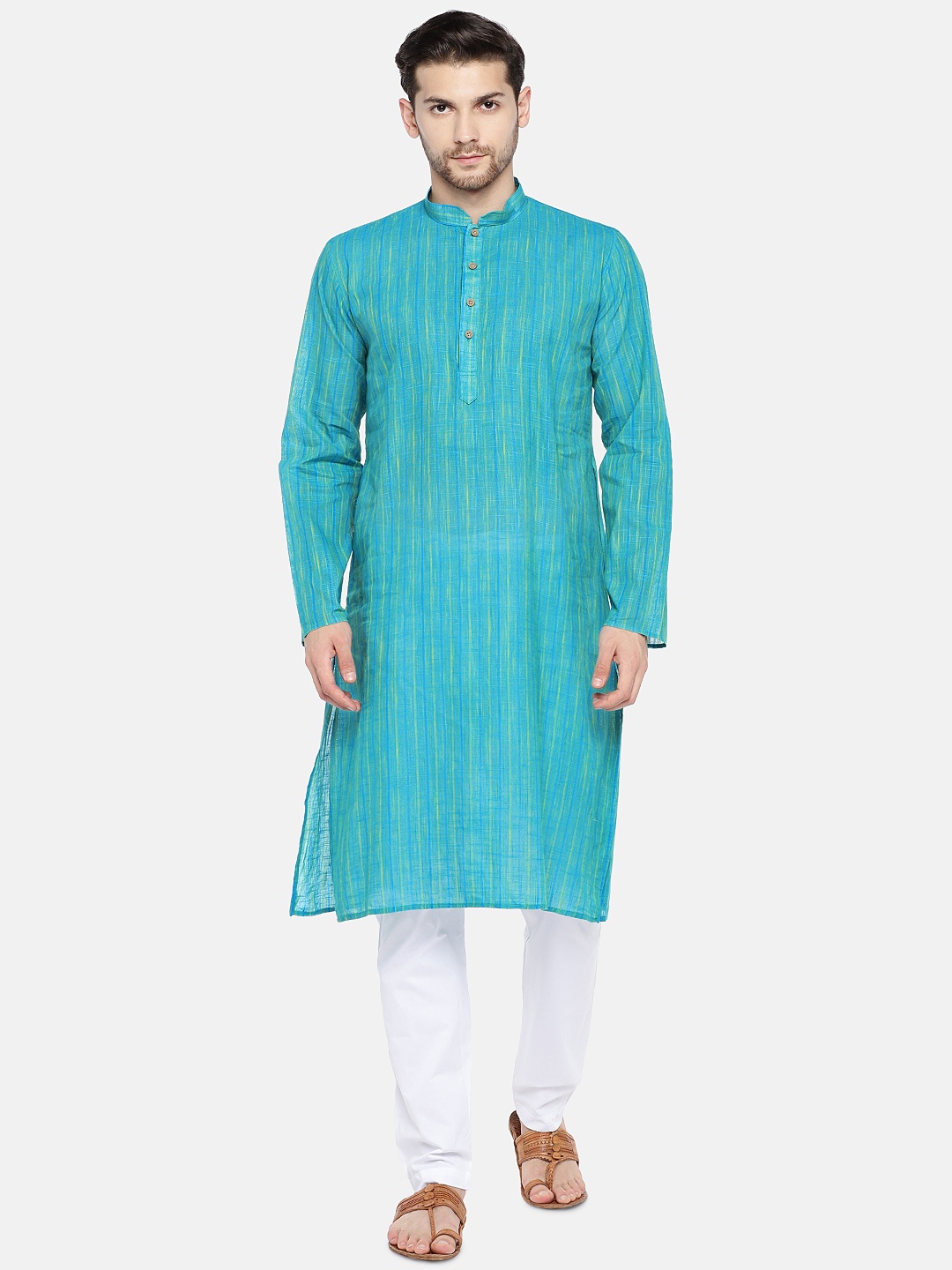 

RAJUBHAI HARGOVINDAS Men Turquoise Blue Woven Design Straight Kurta