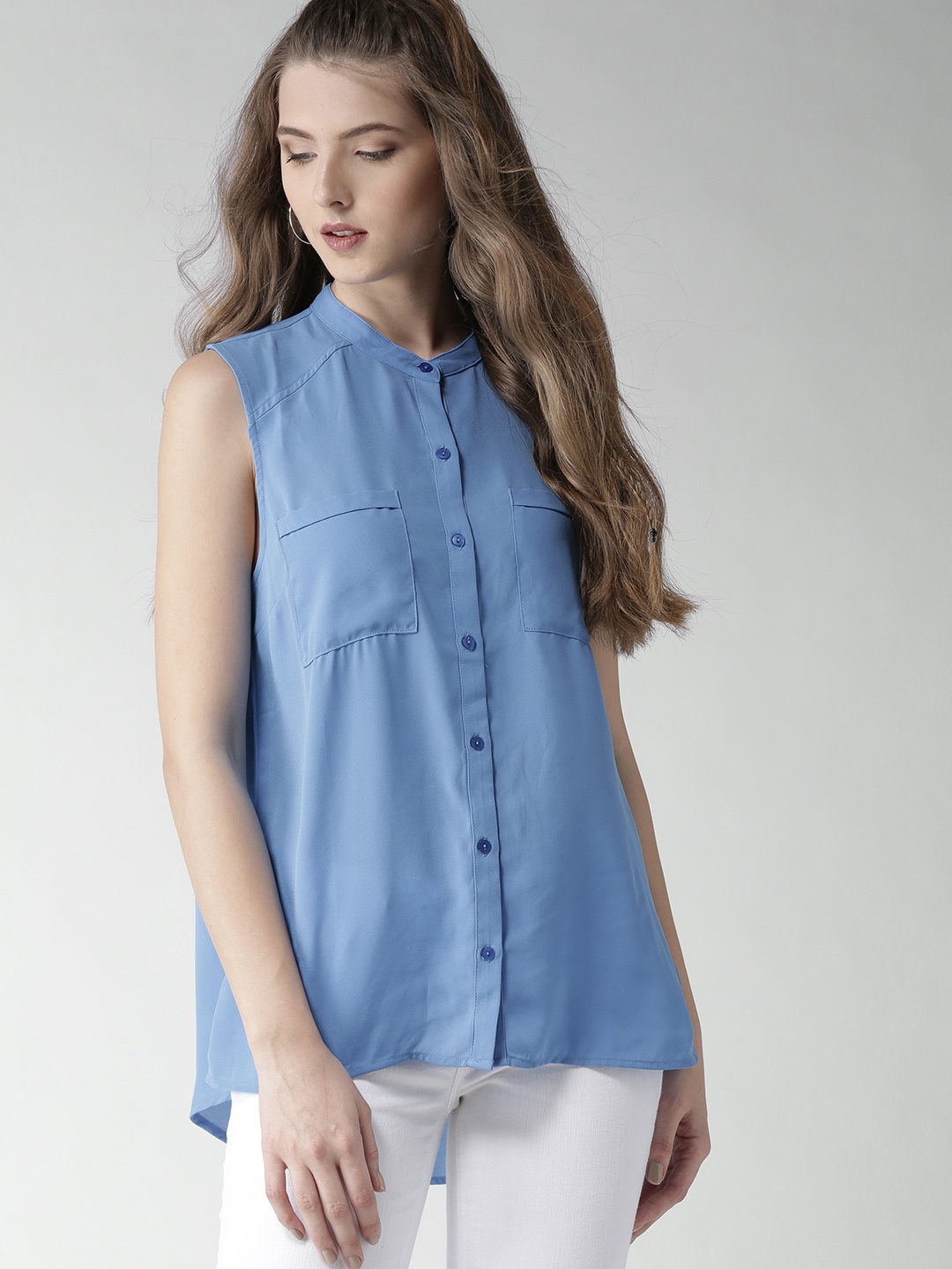 

FOREVER 21 Women Blue Sleeveless Casual Shirt
