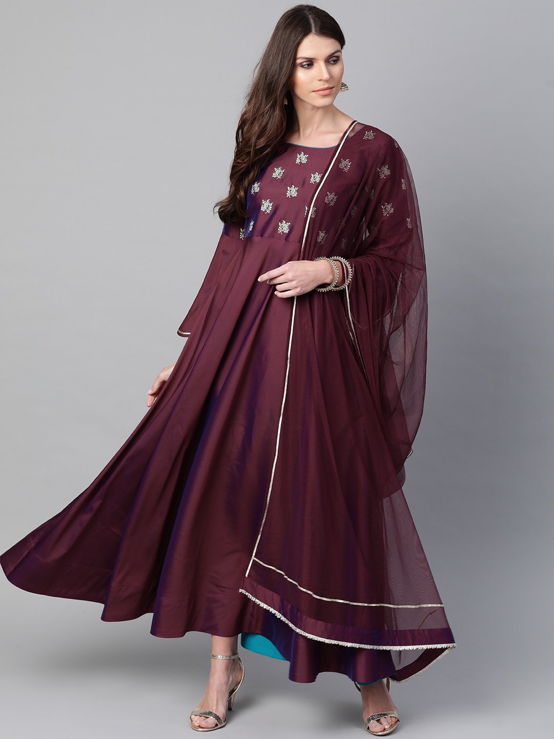 

Libas Women Burgundy & Golden Chanderi Embroidered Maxi Dress With Dupatta
