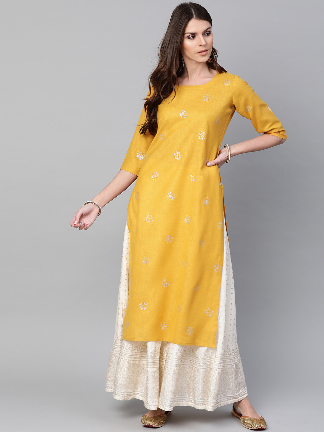 

Libas Women Mustard Yellow & Silver Block Print Straight Kurta
