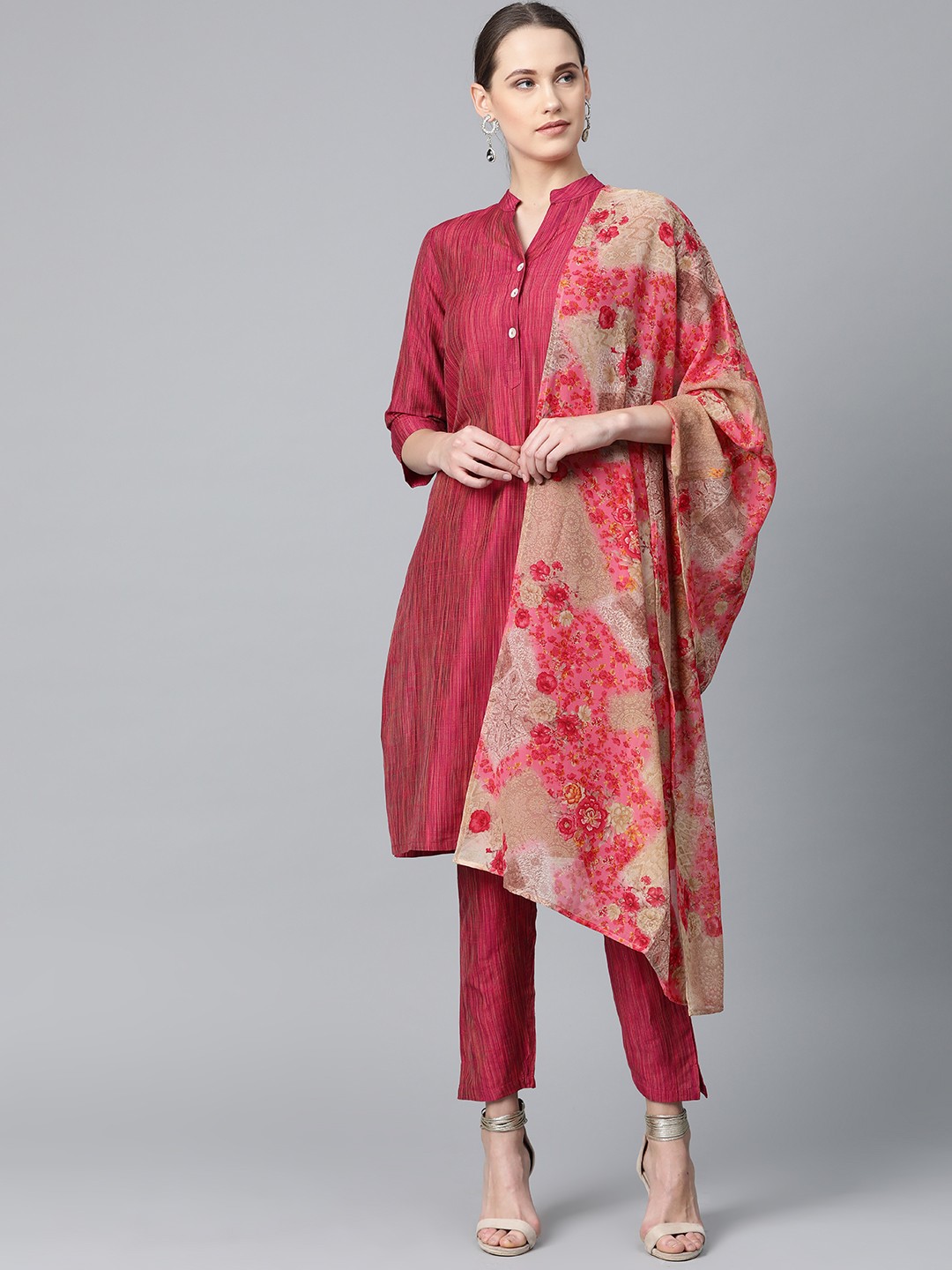 

Jompers Women Magenta & Beige Self-Striped Kurta with Trousers & Dupatta