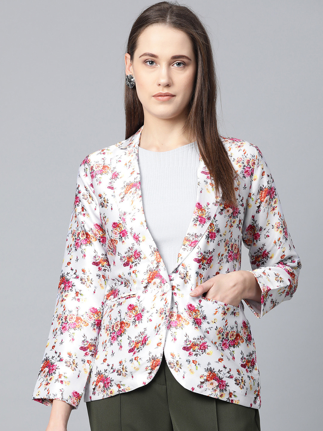 

Jompers Women Grey & Pink Satin Floral Print Single-Breasted Casual Blazer