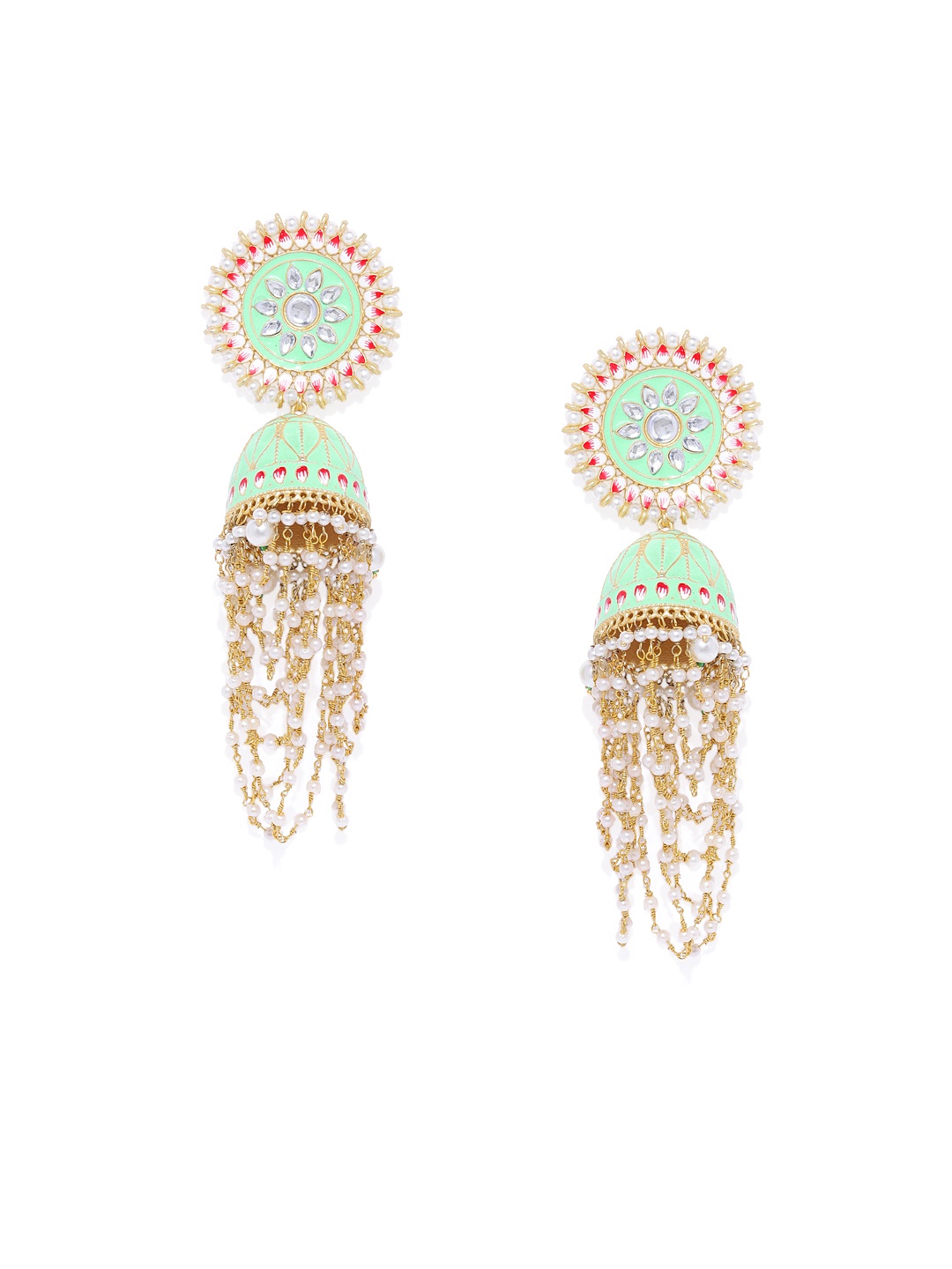 

Peora Gold-Plated & Green Enamelled Meenakari Dome Shaped Jhumkas