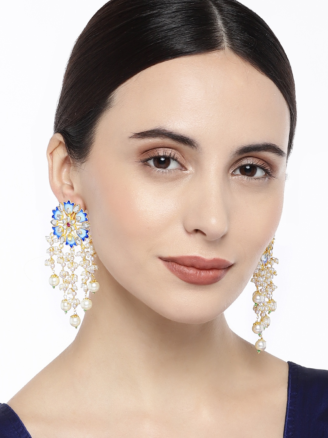 

Peora Blue & Gold-Toned Floral Drop Earrings