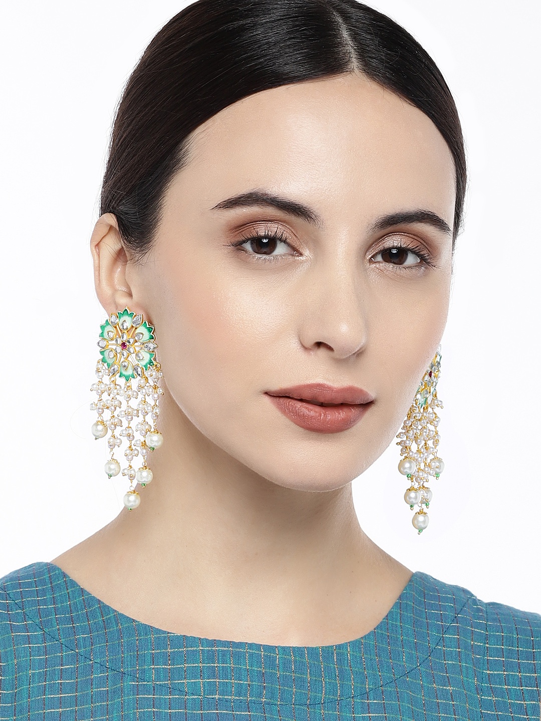 

Peora Sea Green & Gold-Toned Floral Drop Earrings