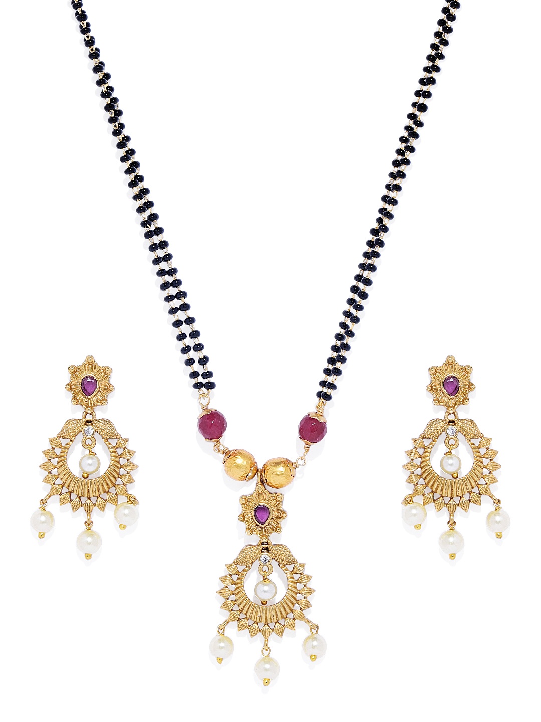 

Peora Gold-Plated & Black Beaded Mangalsutra With Earrings