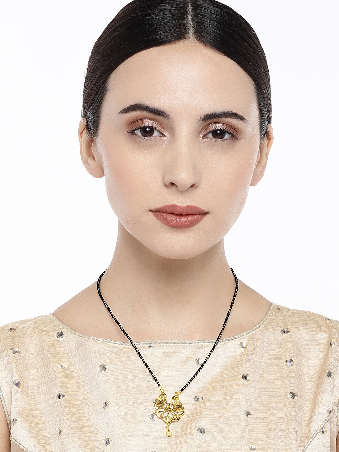 

Peora Gold-Plated & Black Peacock-Shaped Pendant Mangalsutra