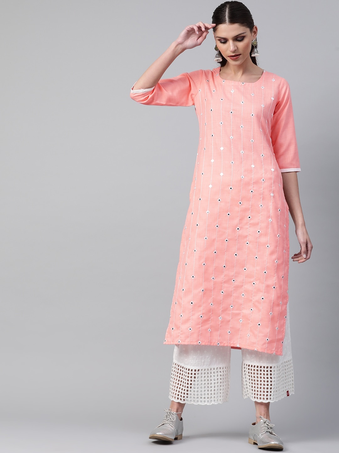 

Libas Women Peach-Coloured & Off-White Striped Straight Kurta