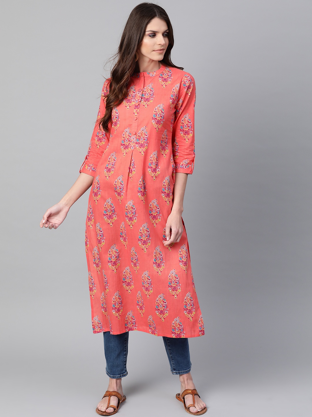 

Libas Women Coral Orange & Magenta Printed Straight Kurta