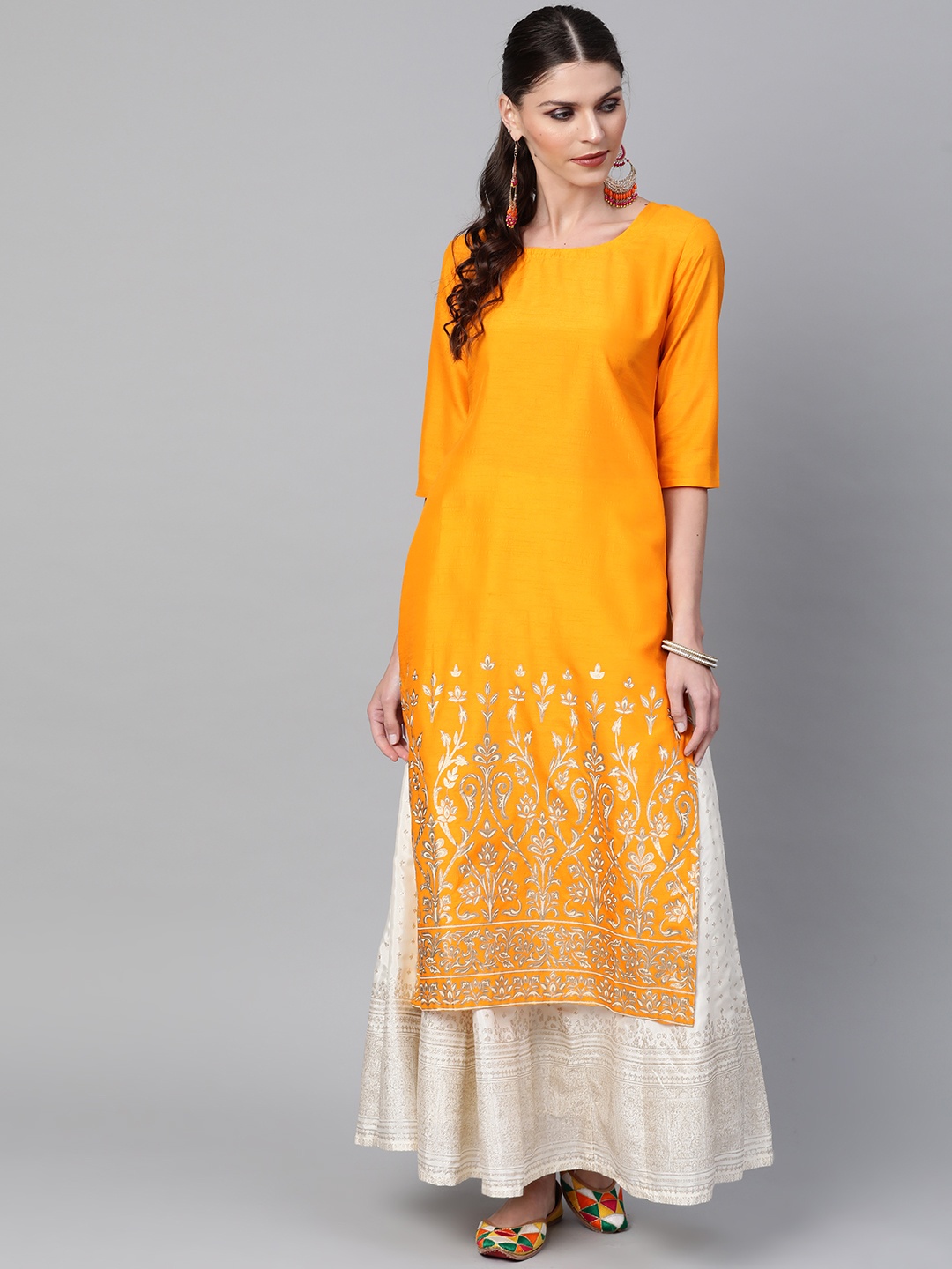 

Libas Women Mustard Yellow & Golden Printed Straight Kurta