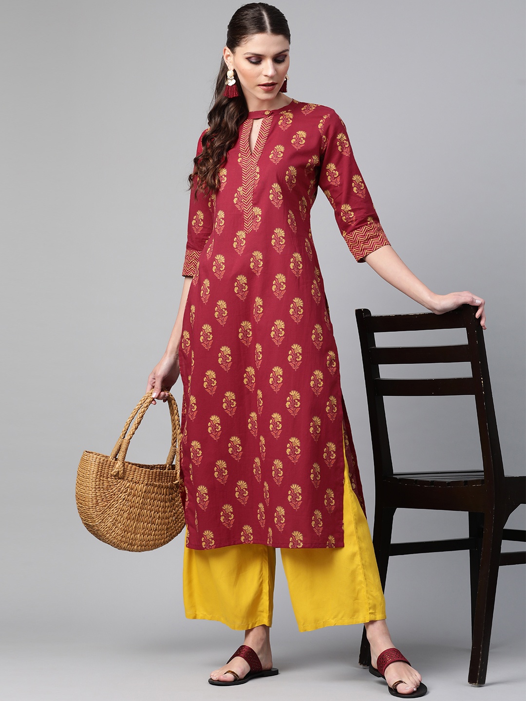 

Libas Women Maroon & Mustard Yellow Printed Straight Kurta