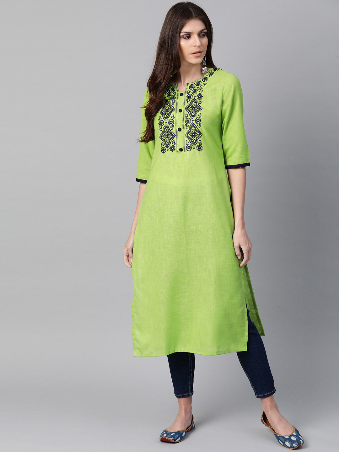 

Libas Women Green & Navy Blue Yoke Design Straight Kurta