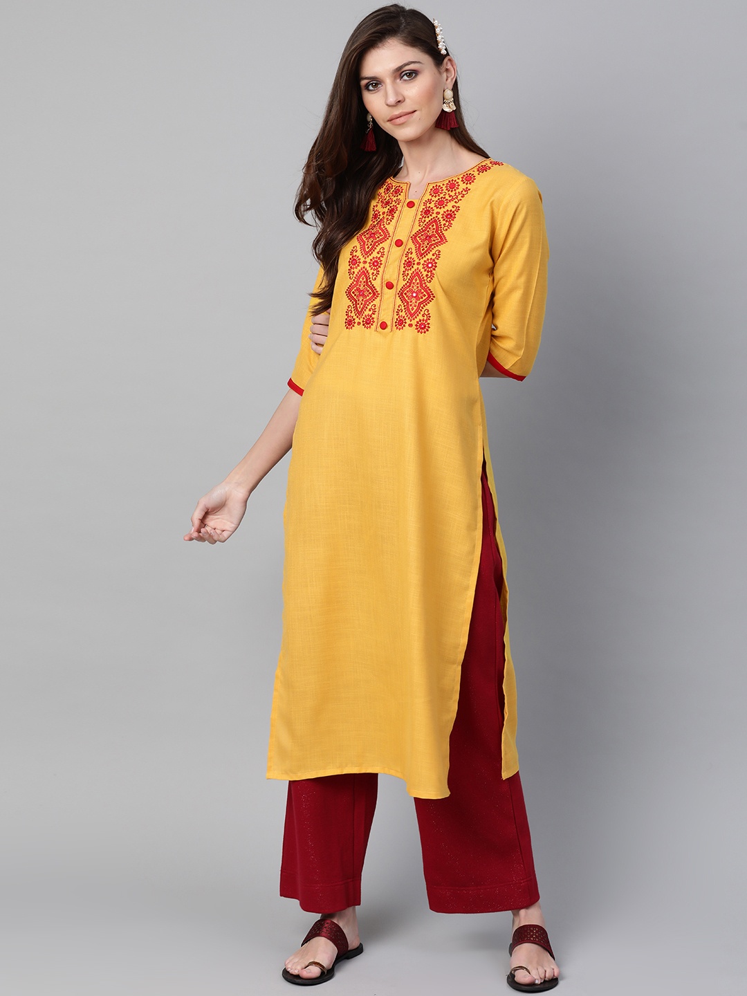 

Libas Women Mustard Yellow & Red Yoke Design Straight Kurta