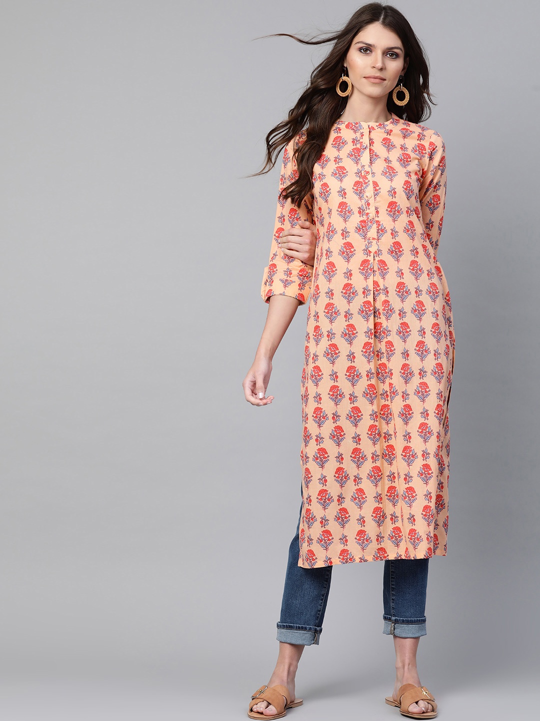 

Libas Women Peach-Coloured & Blue Printed Straight Kurta