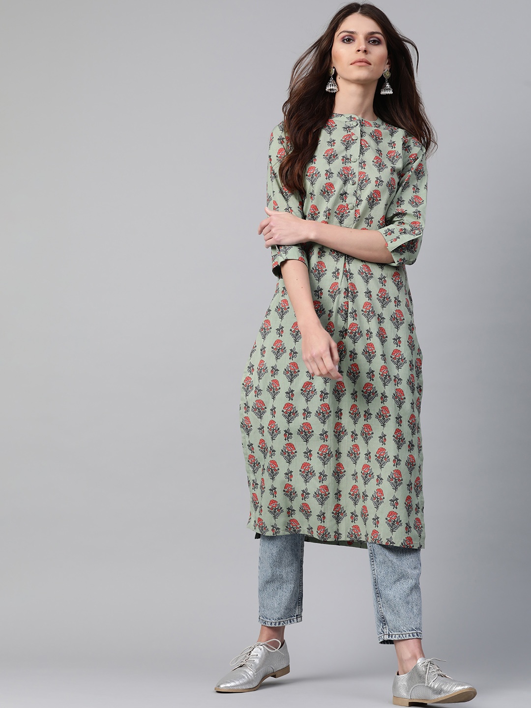 

Libas Women Green & Orange Printed Straight Kurta